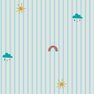 Joules Vliestapete mit Wetter-Symbolen auf blau-weiß gestreiftem Grund. Fototapete für Kinderzimmer.
