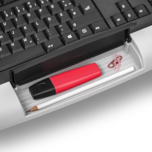 SOTECH Tastaturauszug schwarz mit geöffneter Ablageschale für Stifte und Bürobedarf unter dem Schreibtisch.