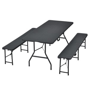 Schwarze 3-teilige Bierzeltgarnitur in Rattanoptik mit Tisch und Bänken.