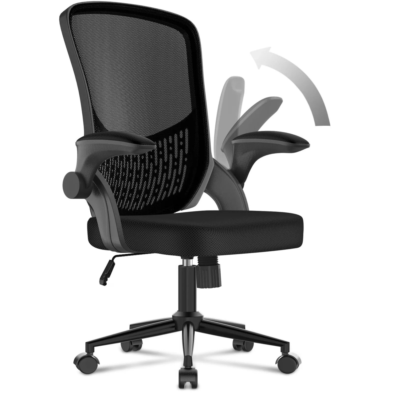 Rattantree Ergonomischer Bürostuhl mit Klapparmlehnen Mid Back Mesh Lendenstütze Höhenverstellbar und Aufbewahrungsfach Schwarz