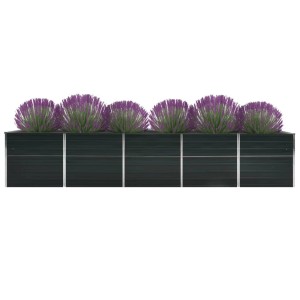 Anthrazitfarbenes vidaXL Garten-Hochbeet aus Stahl, 400x80x77 cm, bepflanzt mit Zierlauch.