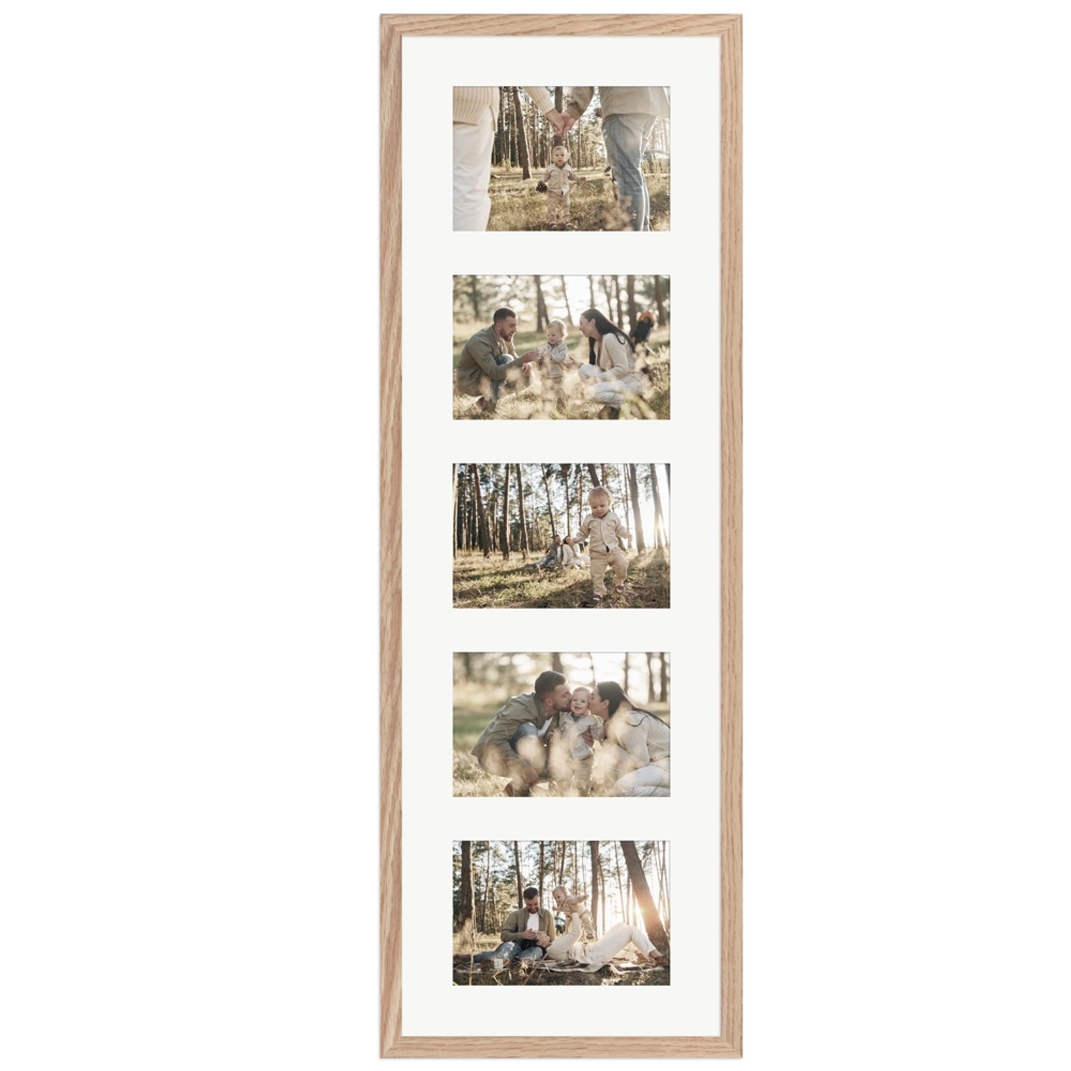 Galerierahmen in Eiche-Optik für 5 Fotos (10x15 cm). Holzrahmen für Wandmontage, ideal für Familienfotos.