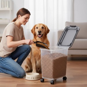 Relaxdays Futterbehälter Kunststoff Transparent mit Rollen und Schaufel 20 Liter