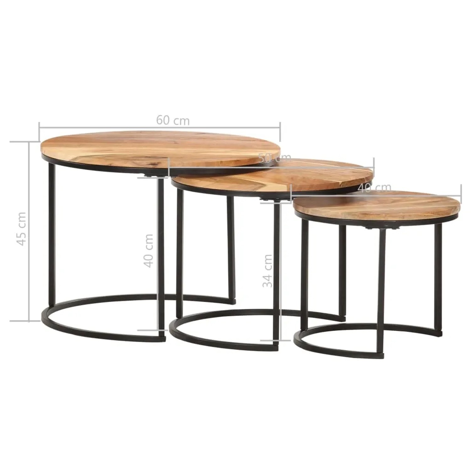 Satztische 3er Set aus Akazienholz mit schwarzem Metallgestell, verschiedene Größen.
