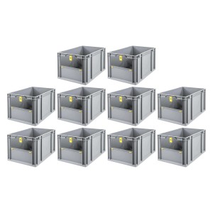Sparset: 10 graue Euroboxen NextGen Insight Cover, 65 Liter, mit gelbem Verschluss. Ideal zur Aufbewahrung.