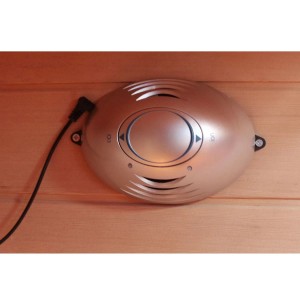 Detailaufnahme: Ionisator mit Ozondesinfektion in Dewello Infrarotkabine aus Hemlockholz.