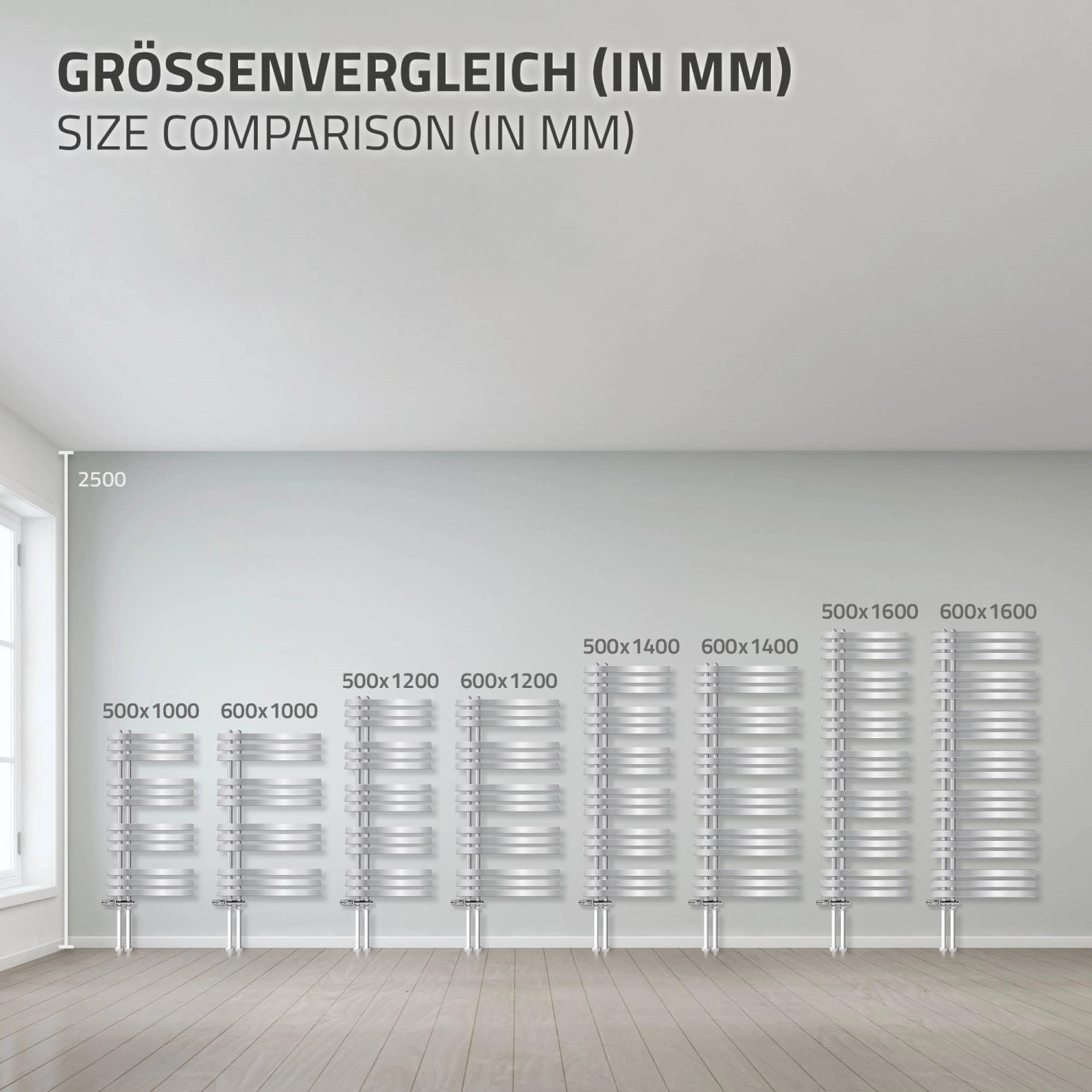 Größenvergleich: ECD Germany Badheizkörper Chrom in verschiedenen Größen dargestellt.