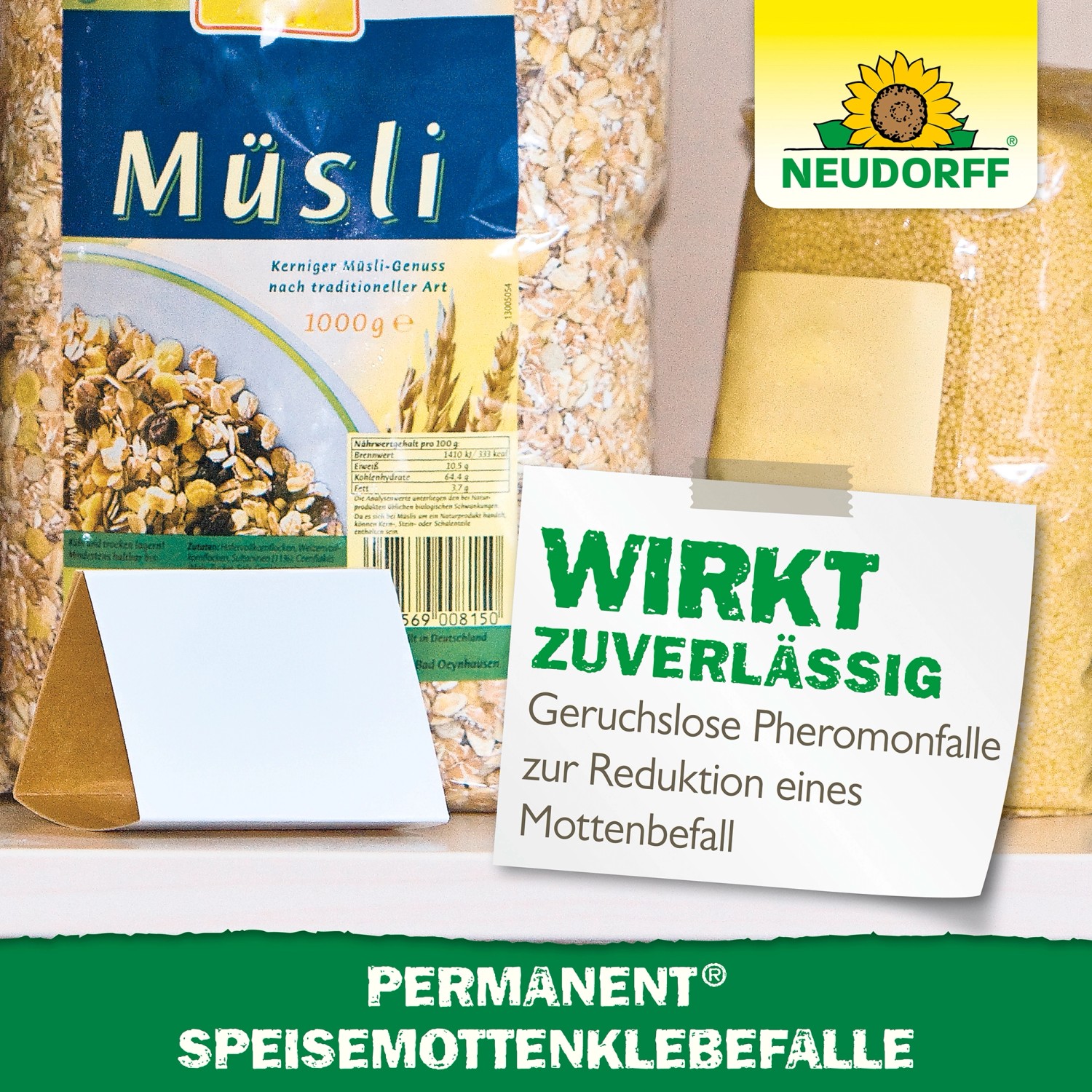 Neudorff Speisemottenfalle: Klebefalle zur Erkennung von Lebensmittelmotten in Küche und Vorratsschrank.
