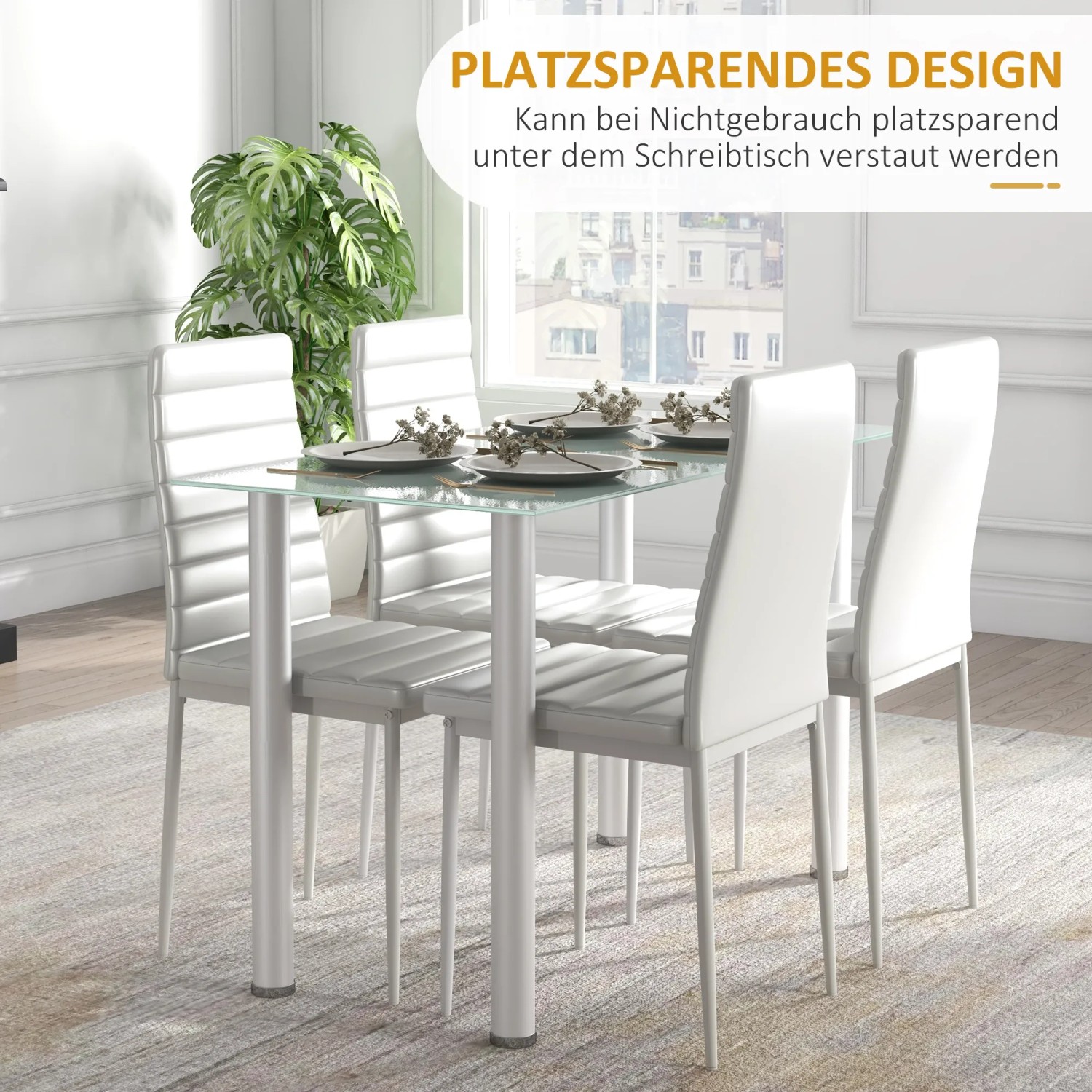 HOMCOM Esszimmergruppe mit Kunstleder-Stühlen und Tisch mit Glasplatte, weiß.