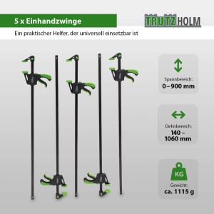 5er Set TRUTZHOLM Einhandzwingen, 60x900 mm, Schnellspannzwingen mit grünem Griff.