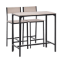 Modernes Bartisch-Set aus MDF und schwarzem Metall. Enthält 1 Tisch und 2 Barhocker mit Rückenlehne in Natur/Schwarz.