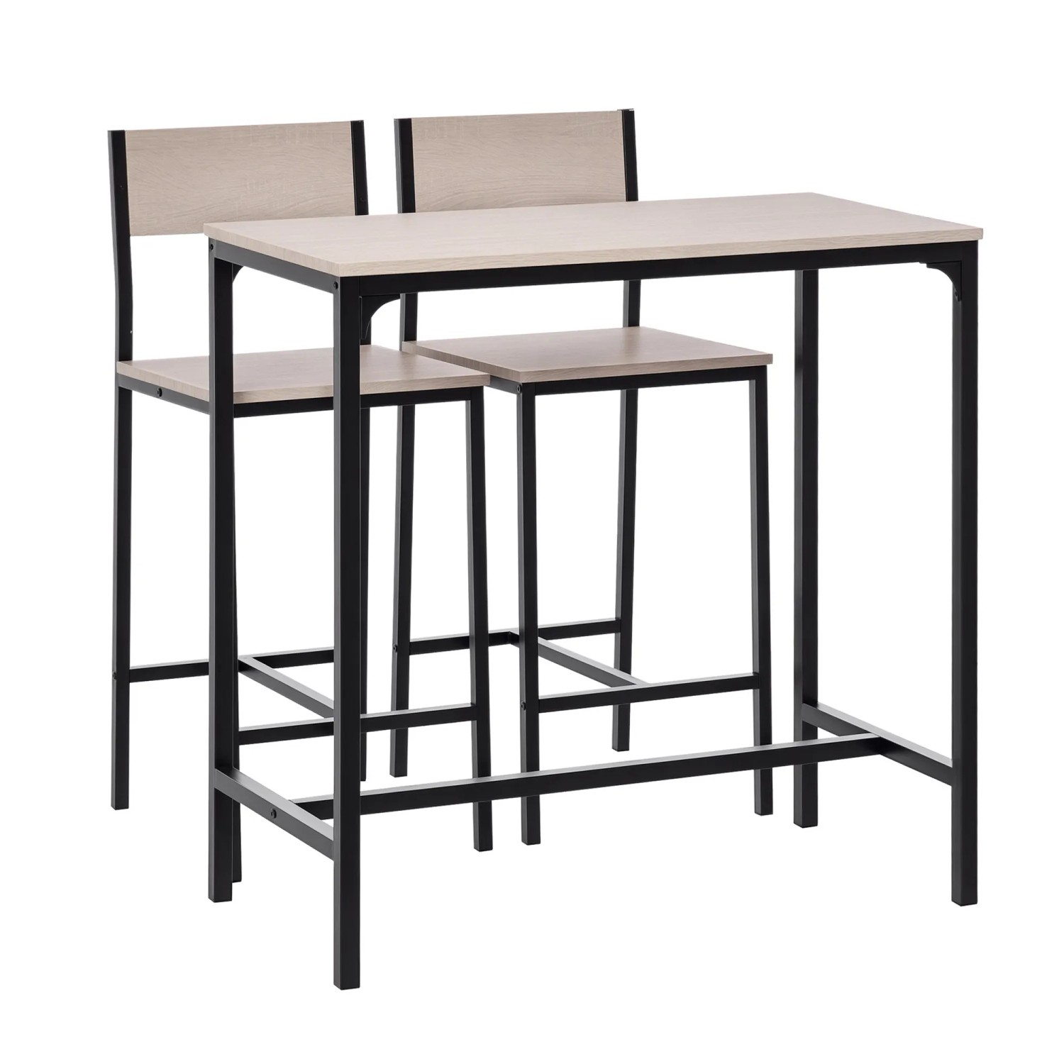 Modernes Bartisch-Set aus MDF und schwarzem Metall. Enthält 1 Tisch und 2 Barhocker mit Rückenlehne in Natur/Schwarz.