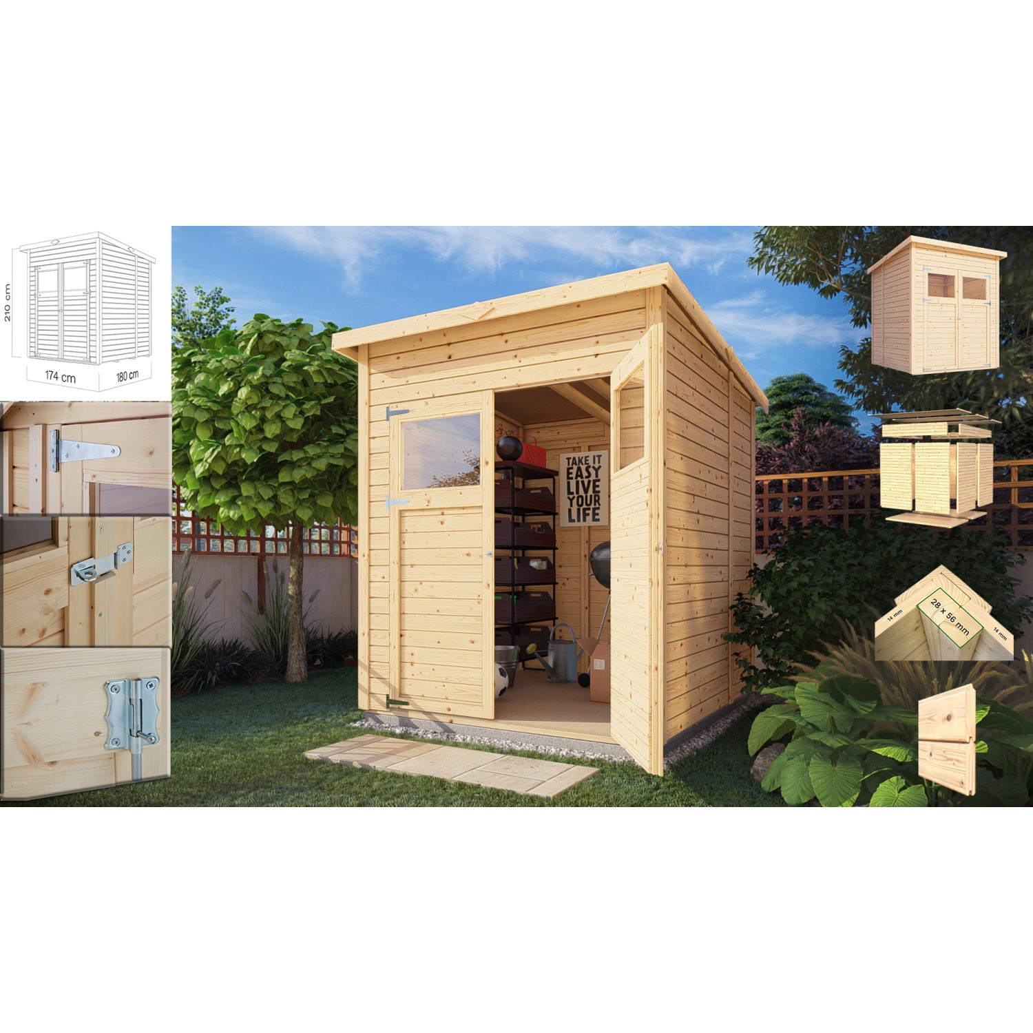Bertilo Gartenhaus Amrum 2 aus Holz, 180x174 cm, mit Doppeltür und Lichtausschnitten.