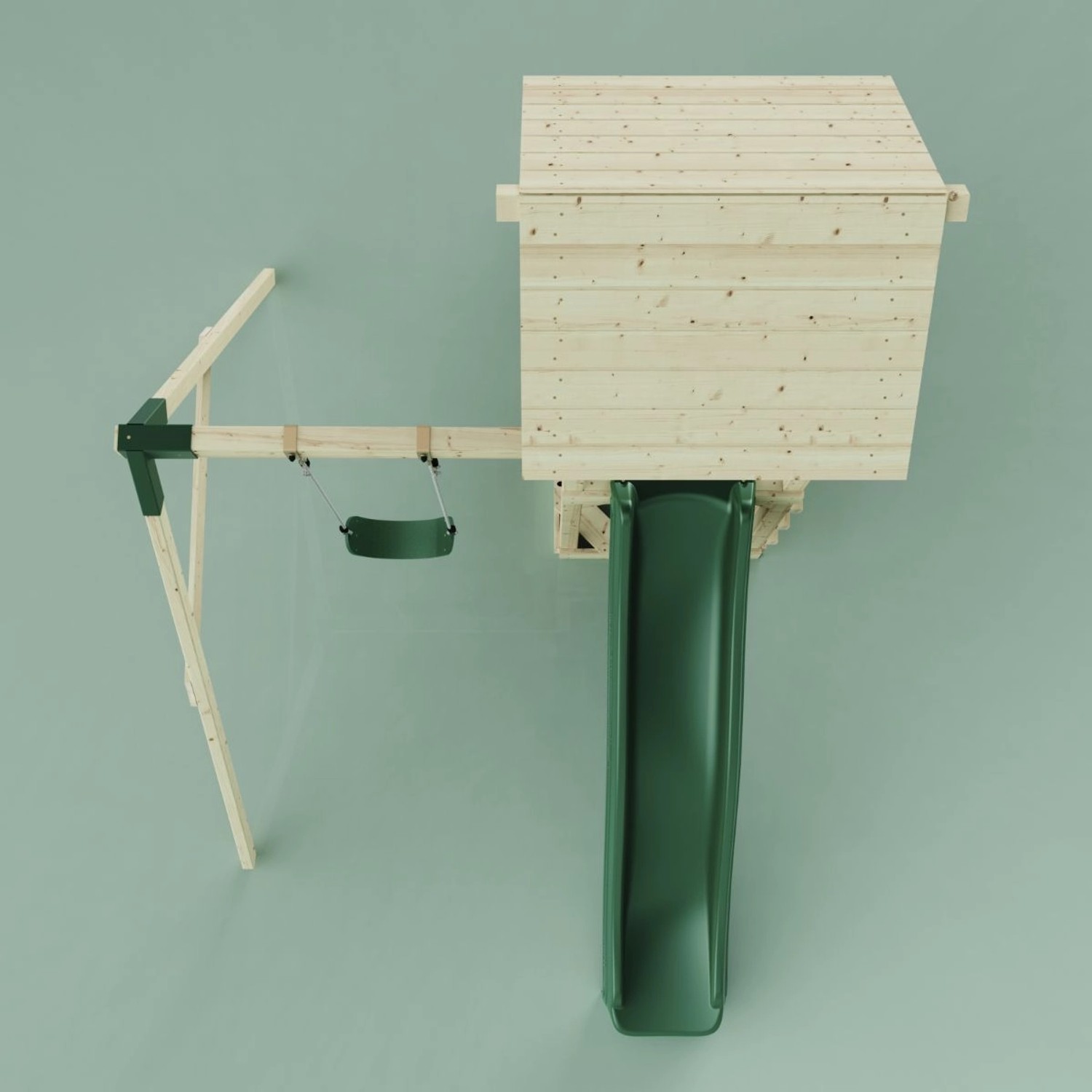 PolarPlay Spielturm Göteborg mit Schaukel und grüner Rutsche.