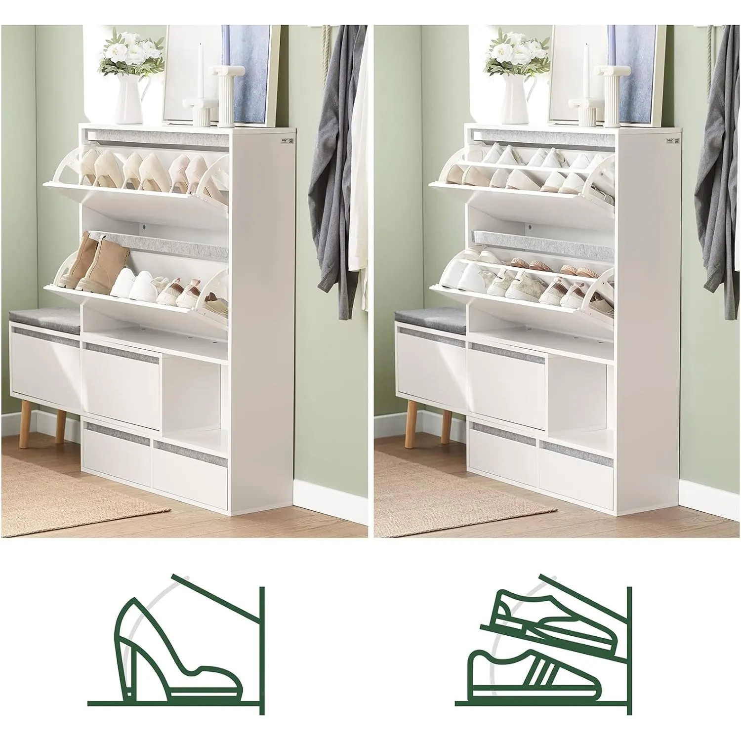 SoBuy Schuhkipper FSR134-W: Weißer Schuhschrank mit Sitzbank und Klappen für Flur und Eingangsbereich.