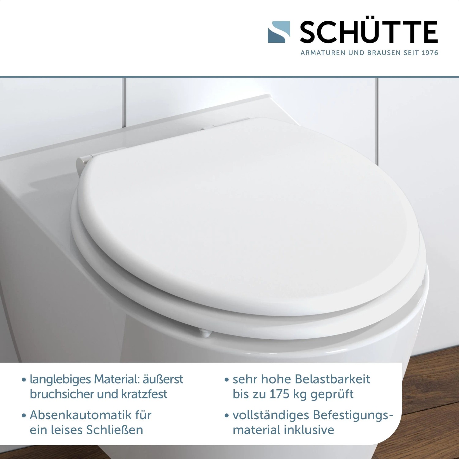 Weißer Schütte MDF WC-Sitz Spirit mit Absenkautomatik auf einer Toilette.