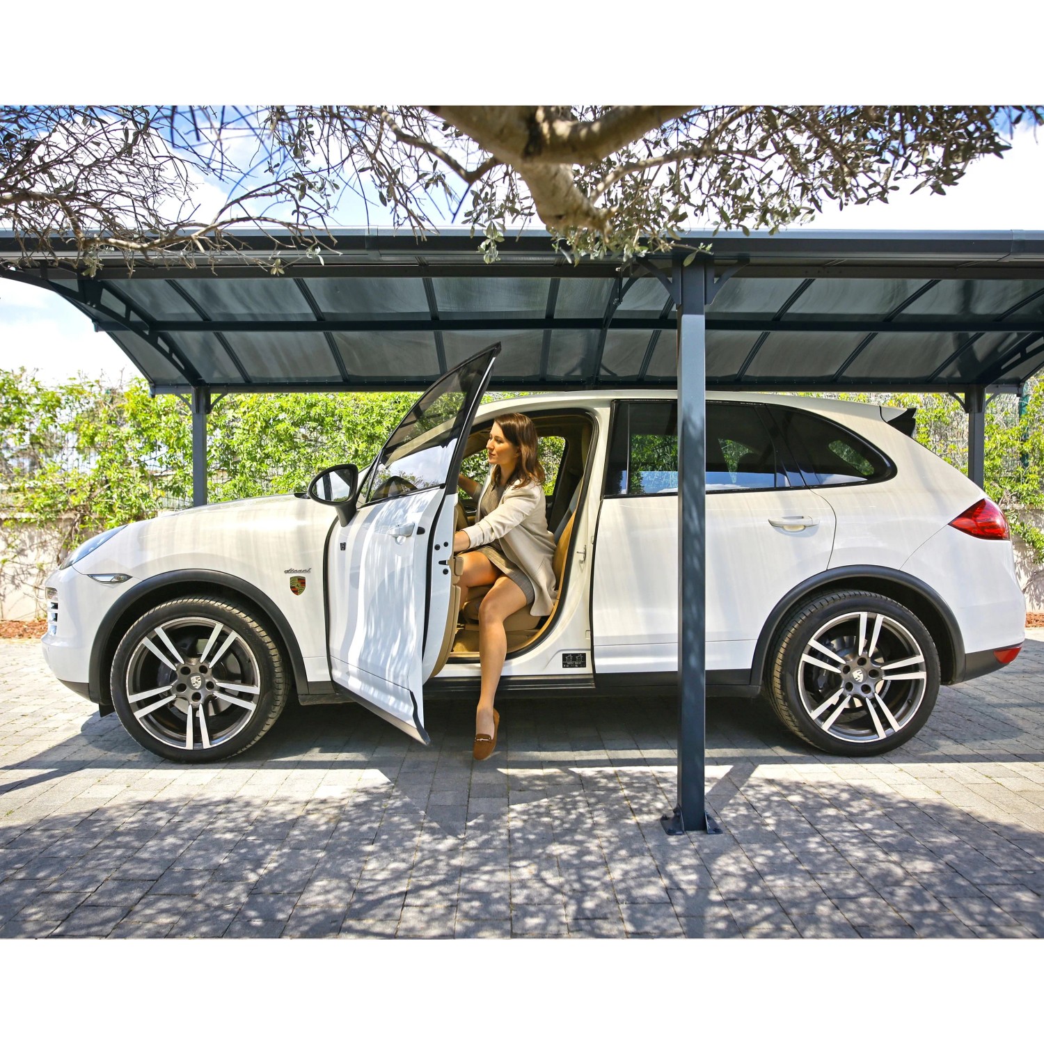 Canopia Carport Arcadia 6400 Anthrazit mit Auto. Stabiler Unterstand für PKW, Motorrad oder Fahrräder.