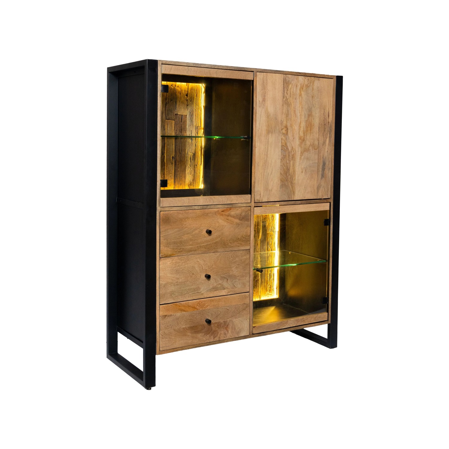DELUKE Highboard LIV Mangoholz Schwarz Matt 145x47x111cm Kommode Wohnzimmer Sideboard Flur Schlafzimmer