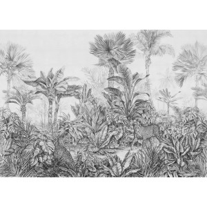 Komar Vliesfototapete Léopards: Dschungel-Szene mit Leoparden, Palmen und tropischen Pflanzen in Schwarz-Weiß.