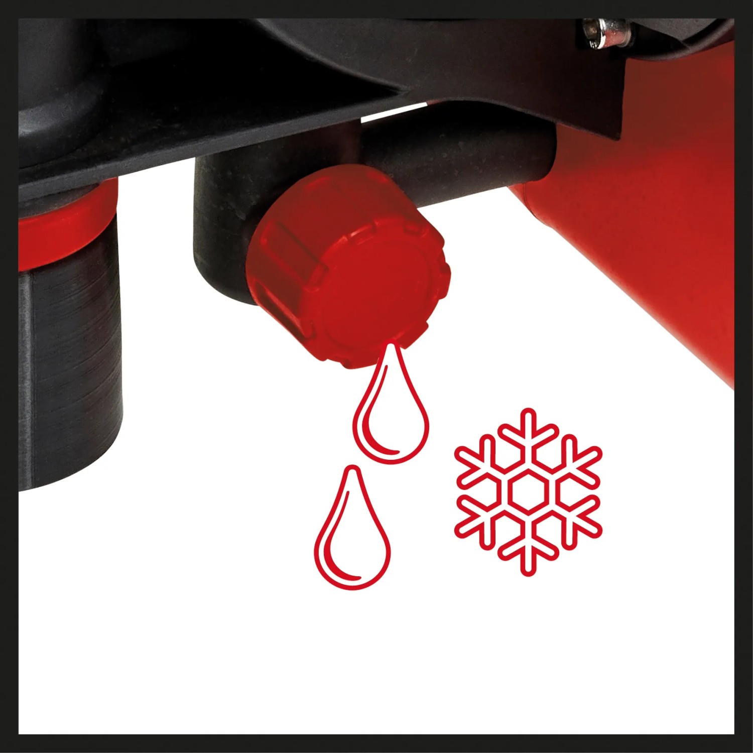 Detailaufnahme: Einhell GE-AW 1042 FS Hauswasserautomat, Frostschutz-Symbol und Wasserablauf.