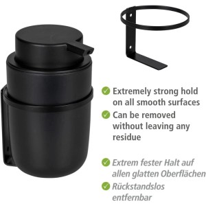 Schwarzer Wenko Turbo Loc Seifenspender Carpino aus Kunststoff, wandmontiert, mit Klebebefestigung.