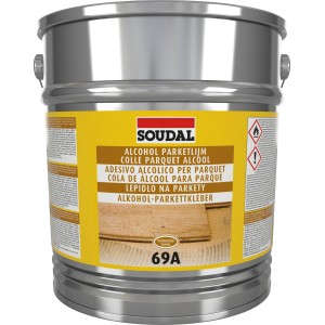 Silberner Eimer Soudal Alkohol-Parkettkleber 69A, geeignet für viele Parkettarten.
