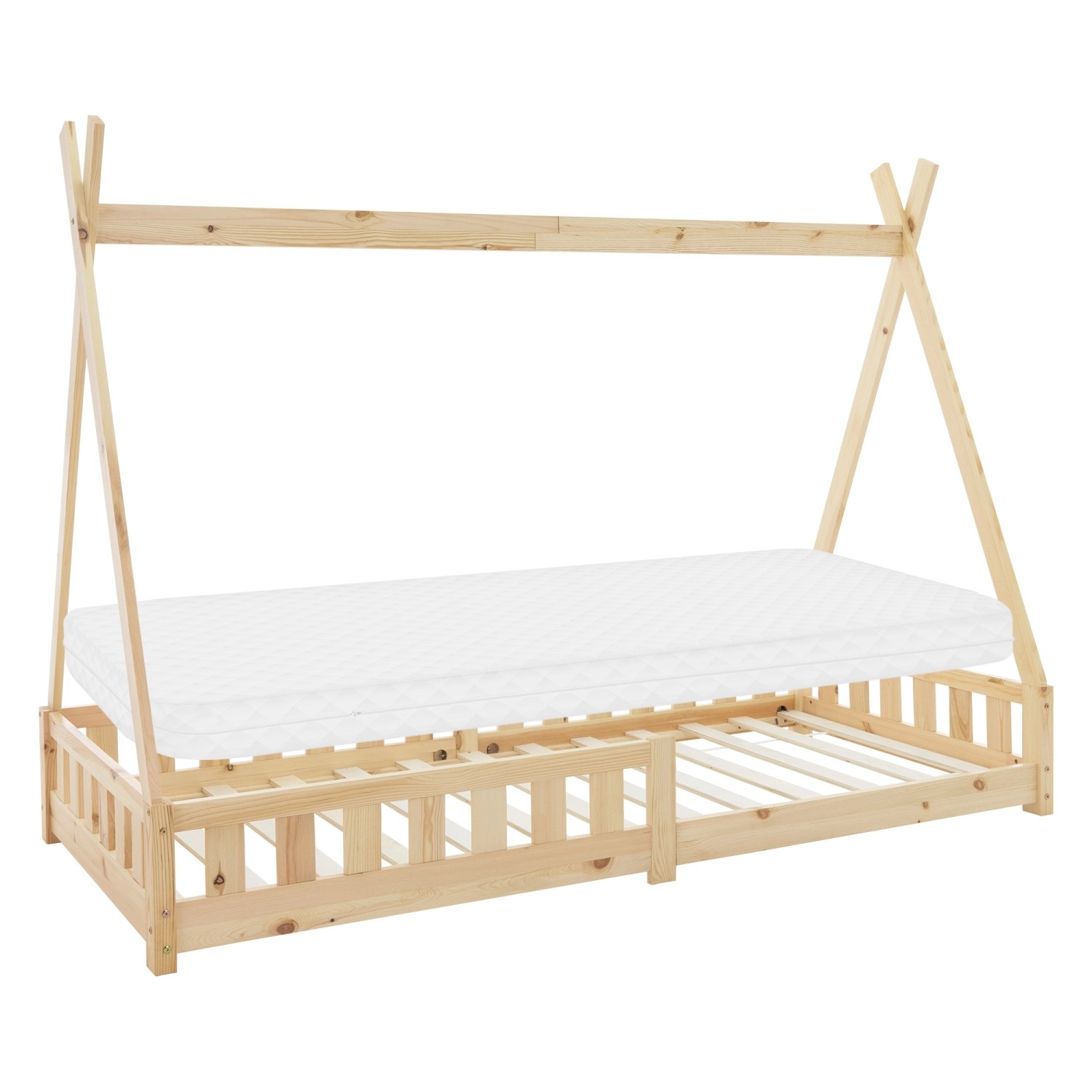 ML-Design Kinderbett Tipi 90x200cm Natur mit Matratze H10cm Lattenrost