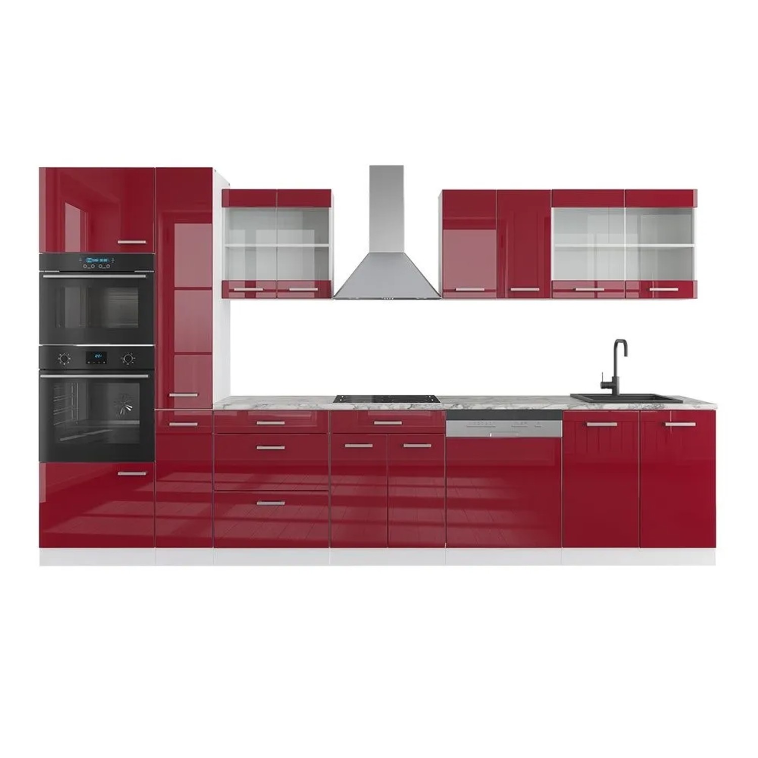 Vicco R-Line Küchenzeile Bordeaux Hochglanz Weiß 350 cm mit Hochschrankohne Arbeitsplatte ohne E-Geräte