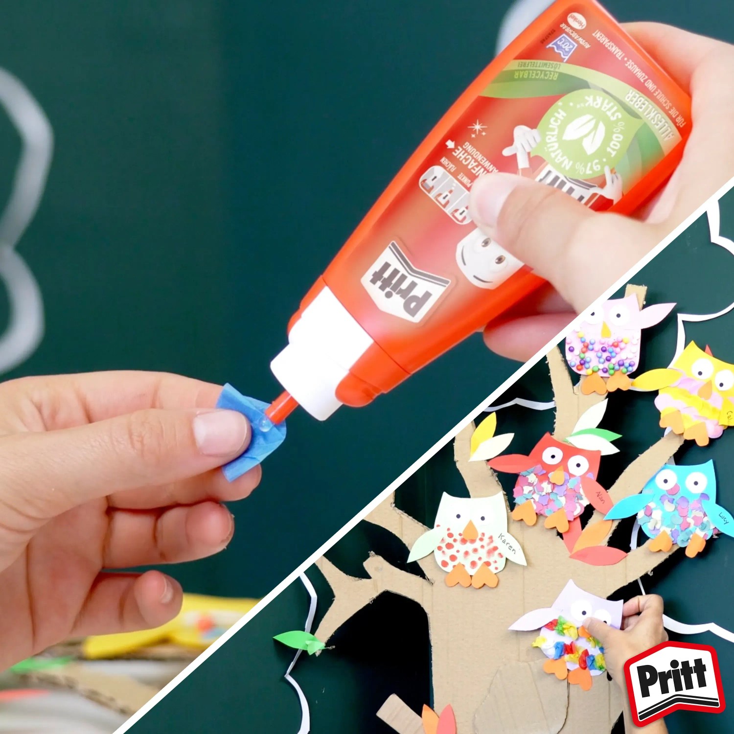 Pritt Alleskleber Transparent 100g beim Basteln von Papierfiguren.