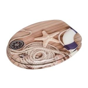 Sanilo WC-Sitz Maritime aus Holz mit Kompass, Seestern, Rettungsring und Tau.