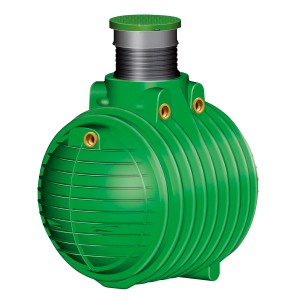 Garantia Columbus Abwasser-Sammelgrube 4500 l mit Teleskop-Domschacht und grünem PE-Deckel.