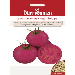 Dürr Samen Strauchtomaten Fuji Pink F1: Saatgutpackung mit pinken Tomaten und Saatgutanblick.