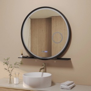 Aquabatos LED-Lichtspiegel Rund Badspiegel mit Beleuchtung 80cm Spiegel Wandspiegel mit Ablage Schwarzer Aluminiumrahmen 3-Fache Vergrößerung Dimmbar