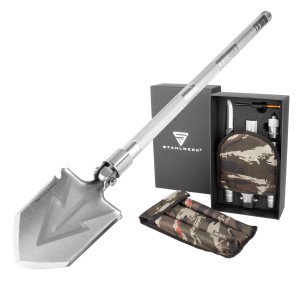 STAHLWERK Multitool: Klappspaten mit Messer, Säge und Feuerstahl im Set mit Tasche und Geschenkbox.