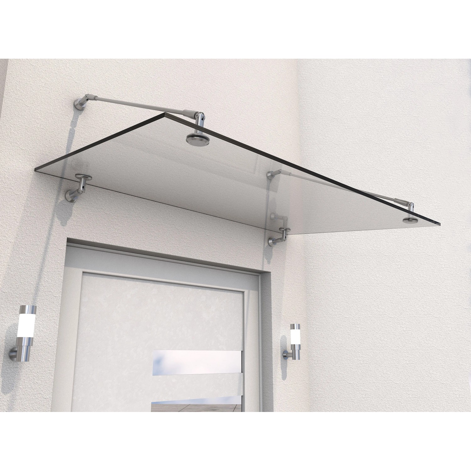Modernes Vordach aus Echtglas und Edelstahl (140x90x40cm) schützt den Eingangsbereich.