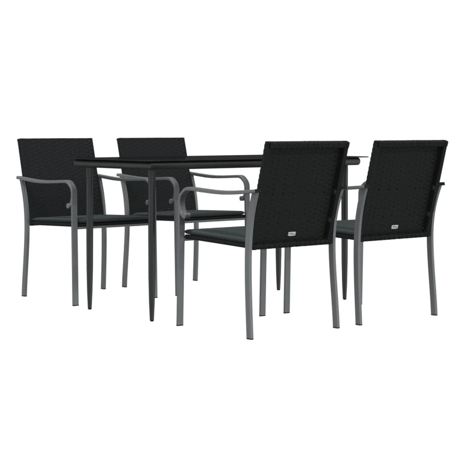 vidaXL 5-tlg. Garten-Essgruppe aus Rattan und Stahl, schwarz. Set mit Tisch, 4 Stühlen und Kissen.