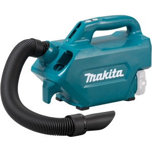 Makita Akku-Staubsauger CL121DZX (Solo) in Türkis mit schwarzem Schlauch und Düse.