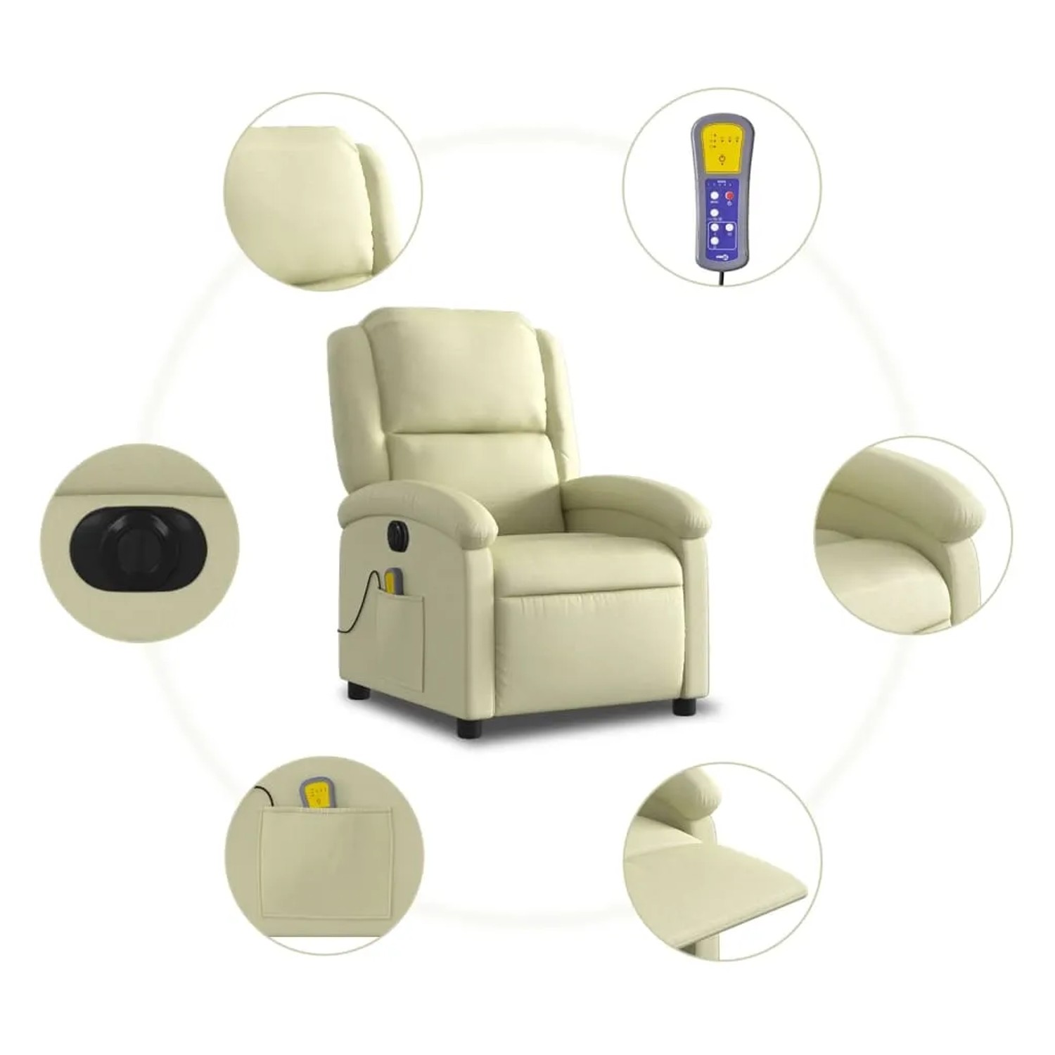 Elektrischer Massagesessel in Creme aus Echtleder mit Fernbedienung und Details.