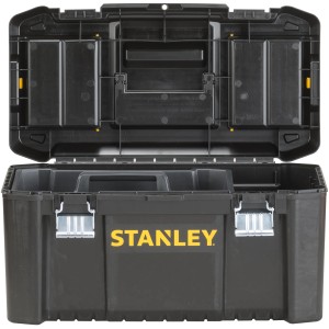 Offene, schwarze Stanley Werkzeugbox aus Kunststoff, 19 Zoll, mit Metallschließen und Organizer im Deckel.
