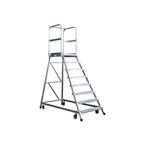 Fahrbare Iller Podestleiter aus Aluminium mit 5 Stufen und gefederten Lenkrollen.