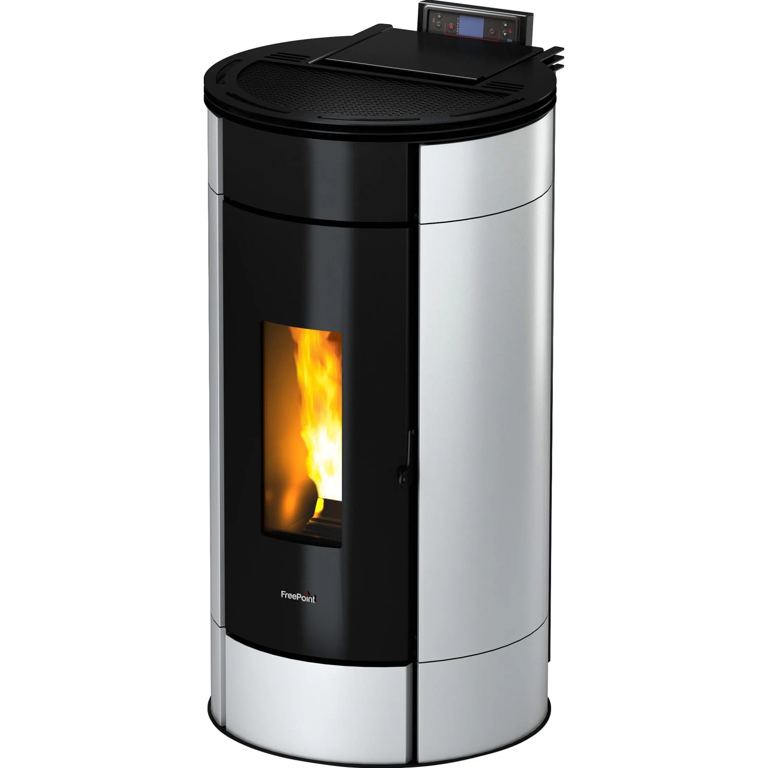 Freepoint Pelletofen Globe, Stahl weiß, 10,5 kW, mit Flamme im Sichtfenster.