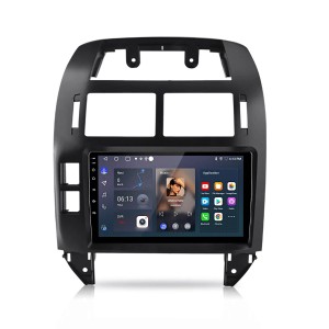 Schwarzes Junsun Autoradio mit 9-Zoll Android Touchscreen und passendem Rahmen für VW Polo 9N. Zeigt Navigations- & App-Icons.