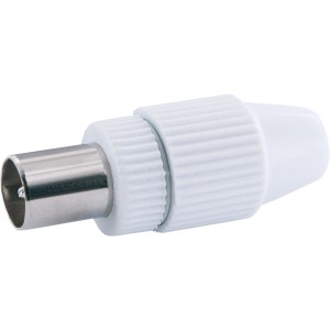 Schwaiger IEC Stecker quickFix für Antennenanschluss, weißes Gehäuse, einfache Montage.