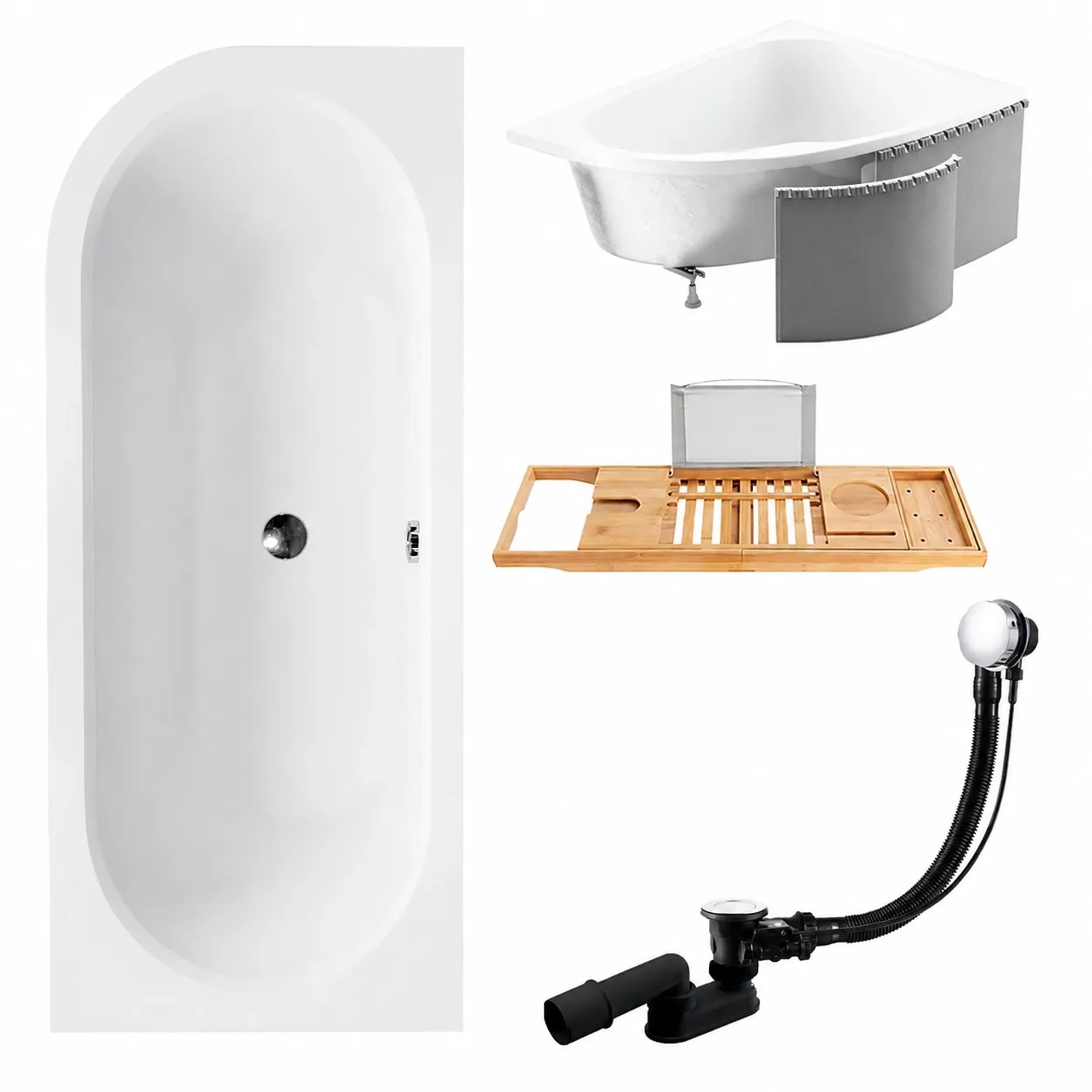 KOLMAN Badewanne Eckwanne 160 x 75 Cm Rechts Mit Styroporverkleidung Mit Bambus Badewannenablage Inkl. Ablauf Und Füße
