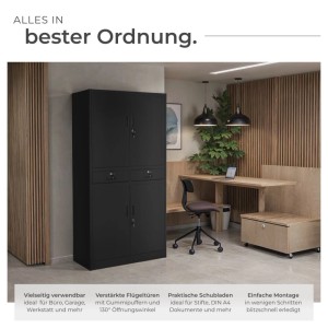 Schwarzer Tectake Aktenschrank aus Stahl mit 4 Türen und 2 Schubladen im Büro.