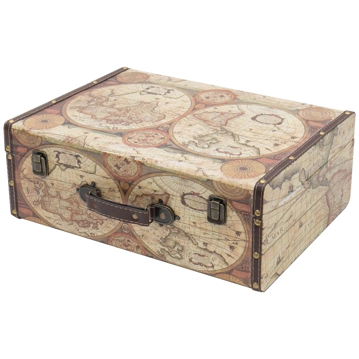 HMF VKO104 Vintage Vintage Koffer Truhe Holzkiste Holz 44 x 32 x 16 cm Deko Weltkarte Farbe
