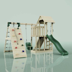 PolarPlay Spielturm Farö mit Babyschaukel, Kletterwand und grüner Rutsche.