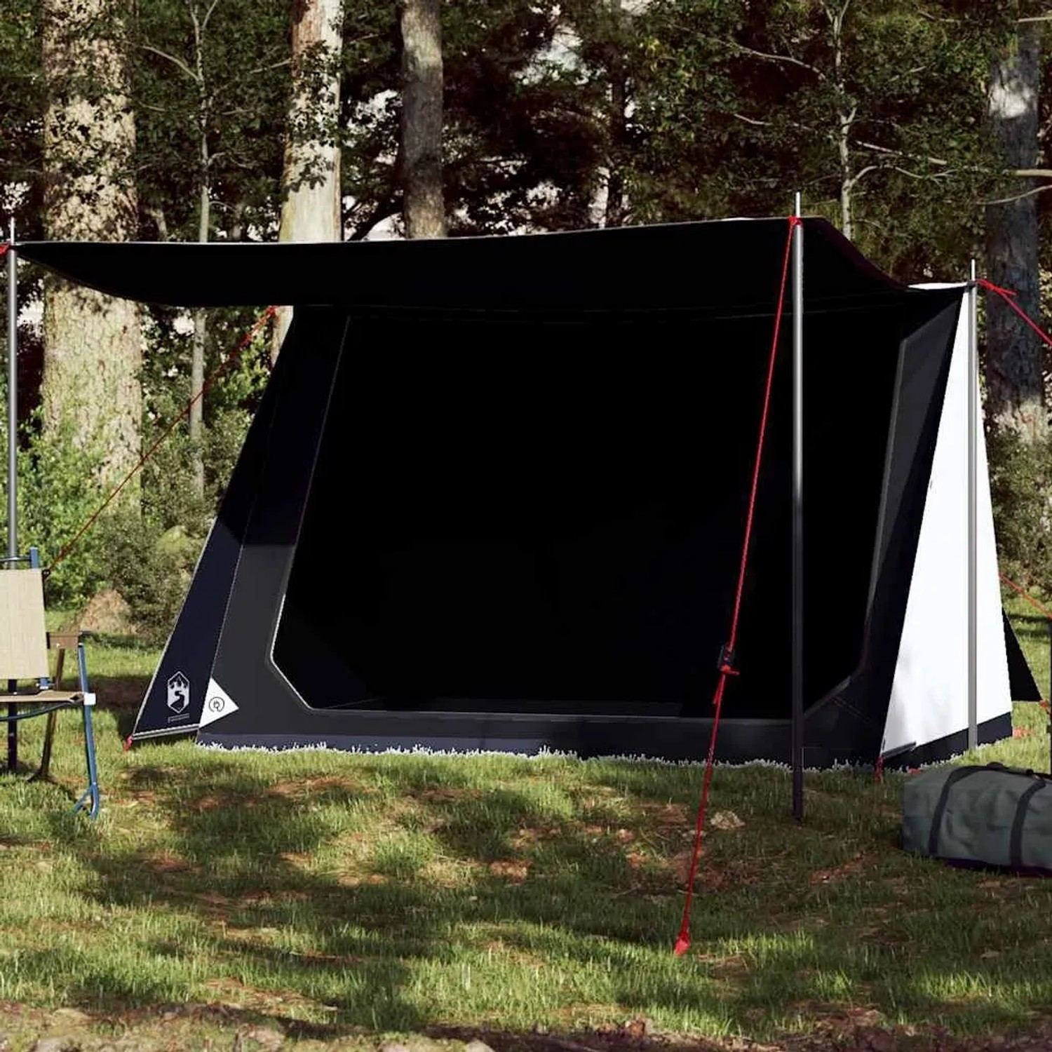 Dunkles Furnicato Campingzelt mit weißen Seiten und Sonnendach auf Wiese. Verdunkelnde Plane für erholsamen Schlaf im Outdoor-Bereich.