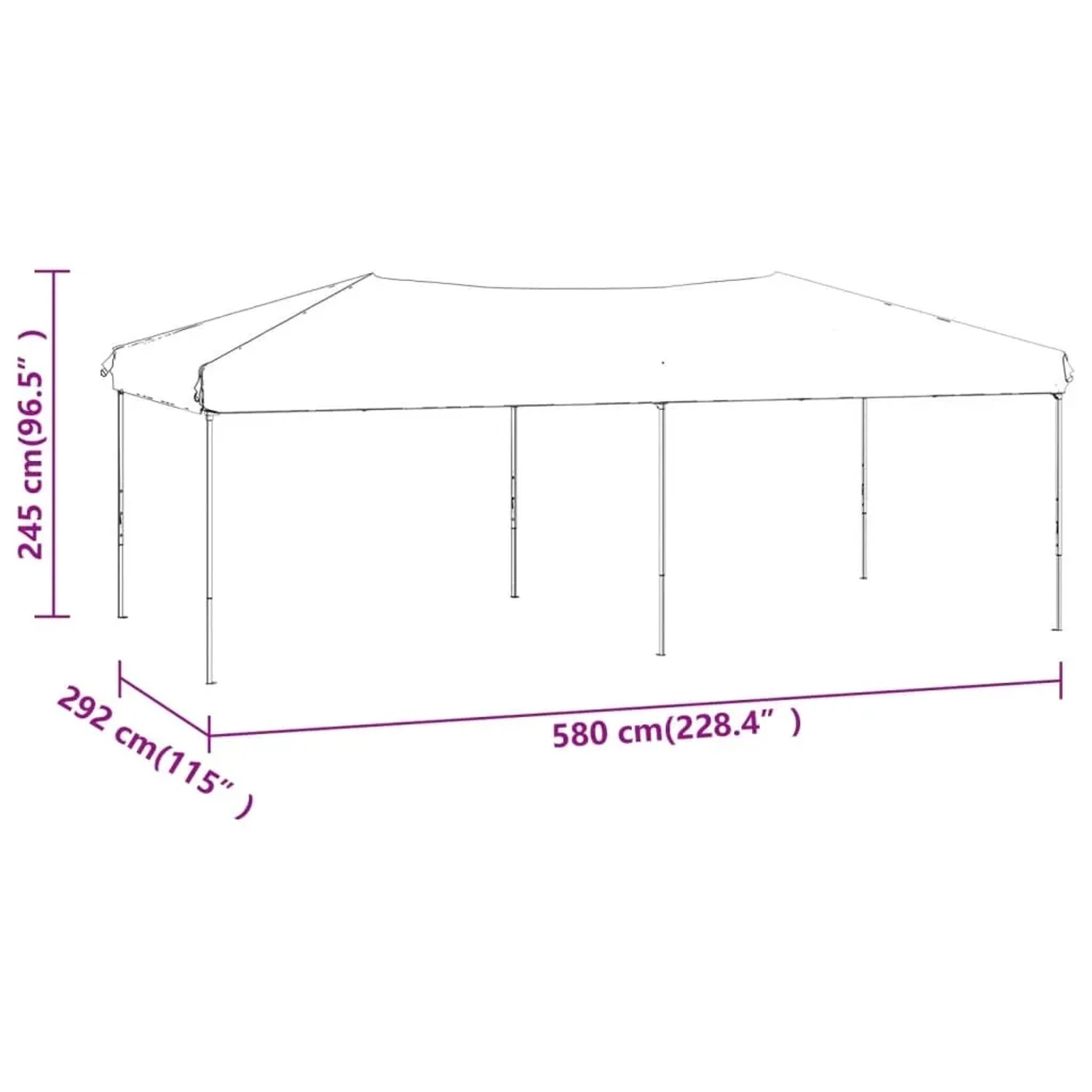 Abbildung des vidaXL Partyzelts, faltbar, mit Seitenwänden, creme, 3x6 m, Modell 1, mit Maßangaben.