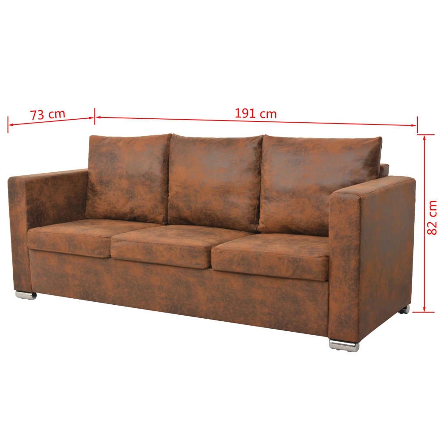 Braunes 3-Sitzer Sofa (191 cm) aus Wildlederimitat für Wohnzimmer.